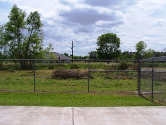 A concrete drive in the foreground with grass and a chain link fence and a tree and house in the background.