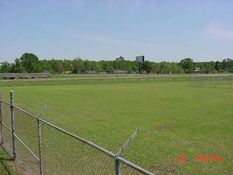 A grass field bordered by chain-link fencing in the foreground with trees in the background.
