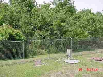 A chain-link fence running horizontally across the middle with grass and dirt in the foreground and trees filling the background behind the fence.