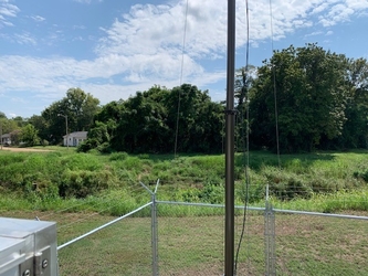 The corner of a chain link fence in the foreground with an overgrown grassy field and trees in the background.