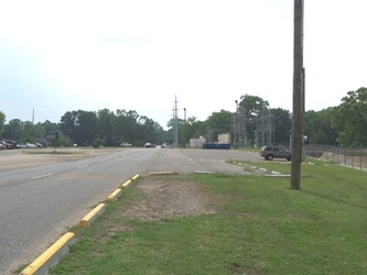 A road on the left side extending toward the horizon and grass on the right side with trees in the far background.