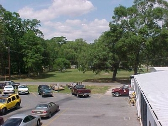 A parking lot with cars and trees in the background.