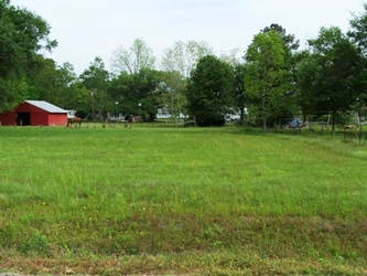 A wide open, green grass field with a small red barn and numerous trees in the background.