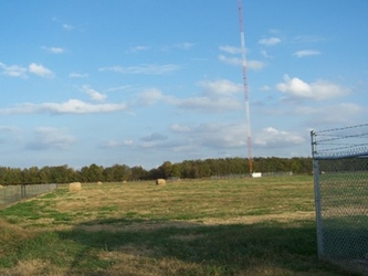 A field of grass with round haybales scattered in the distance under a blue sky.