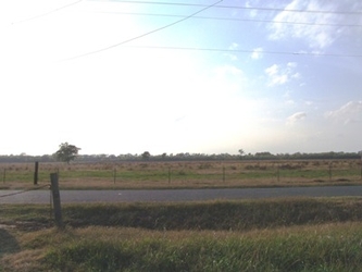 A road in the center of the view with grass fields in both the foreground and background, separated from the road by fencing.