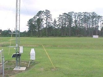 A large grass field with a metal tower on the left and trees in the background.
