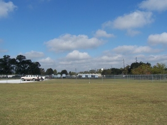 A wide open field with a chain-link fence, vehicles, and trees in the far background.
