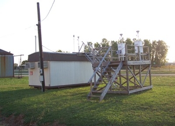 A small building on the left and a wooden platform with air monitoring equipment on the right, located in a grass field with trees in the background.