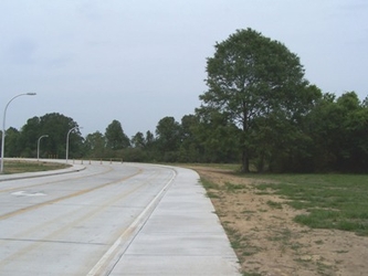 A highway in the foreground, curving to the left side, with grass and dirt towards the right and trees in the background under an overcast, cloudy sky.