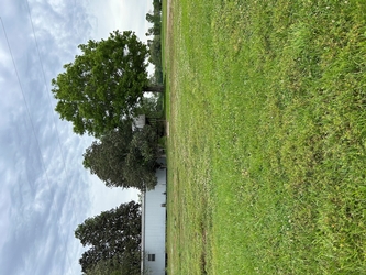 A vast field of grass with a mobile home to the distant left, trees in the close background, and a cloudy sky overhead.