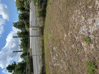 Short, dead grass in the foreground and a road in the background, divided by chain-link fencing with trees in the distant background under a cloudy blue sky.