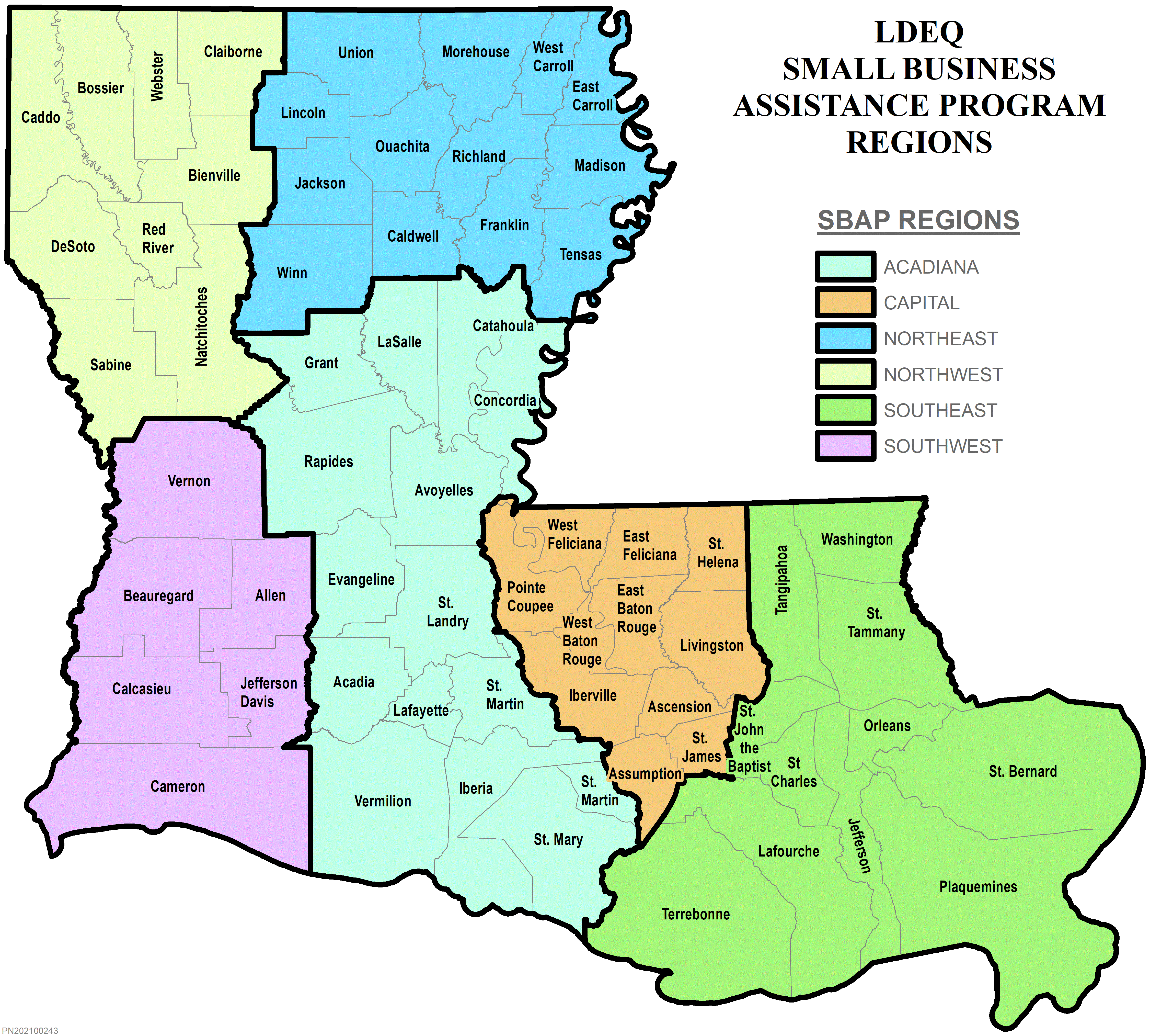 Map of Louisiana with color-coded LDEQ Small Business Assistance Program Regions and all Parishes labeled.